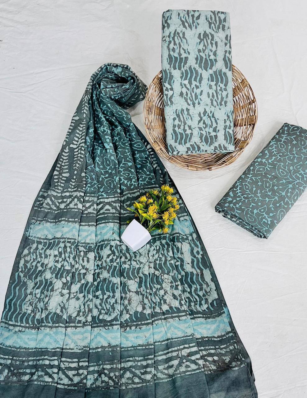 Wholesale Handblock Printed Cotton Mul Mul Dress Material Set with Mul Dupatta – Dusty Blue Color, Handcrafted in Rajasthan for Designers, Boutiques, and Bulk Orders